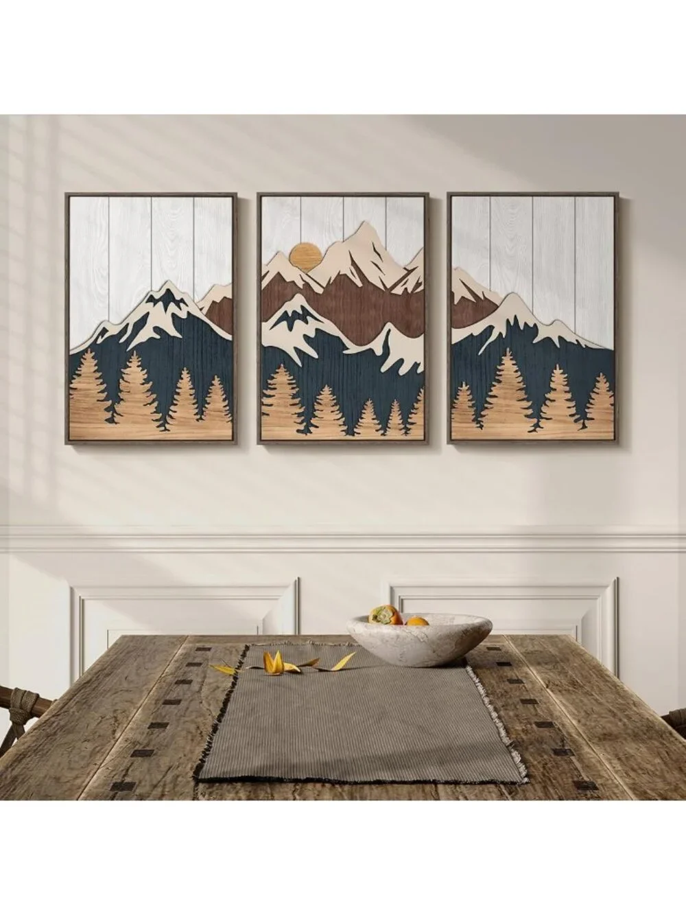 3D Wood Mountain Wall Art Set - 3 Piece Landscape Decor, 16x24 Inch Framed Art